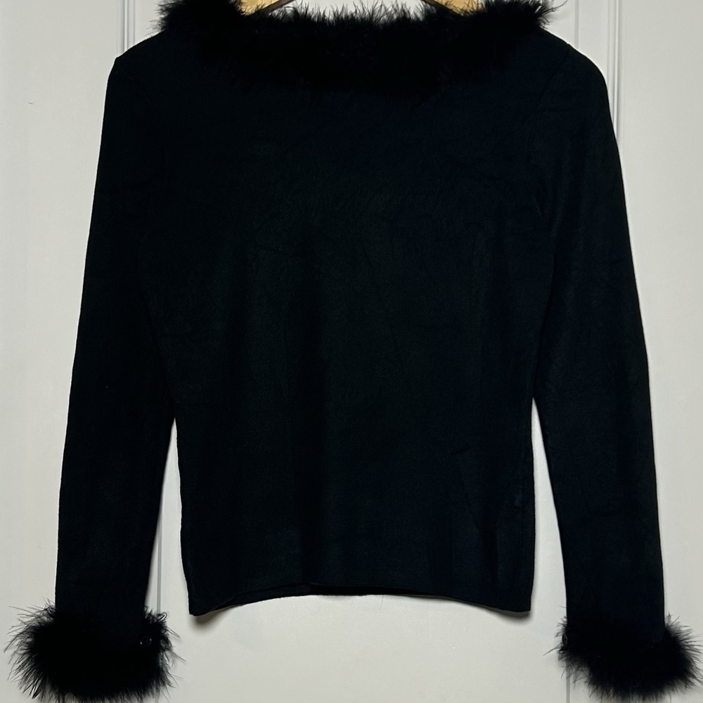Joseph A. Vintage 90s Silk Blend Black Long Sleeve Knit Feather Trim Top